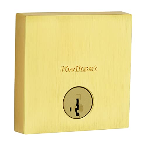 Downtown Low Profile Satin Brass Single Cylinder Square Contemporary Deadbolt Featuring SmartKey Security - *Tools