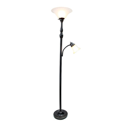 Lalia Home - Torchiere 800lm Floor Lamp with Reading Light and Marble Glass Shades - Restoration Bronze/White Shade