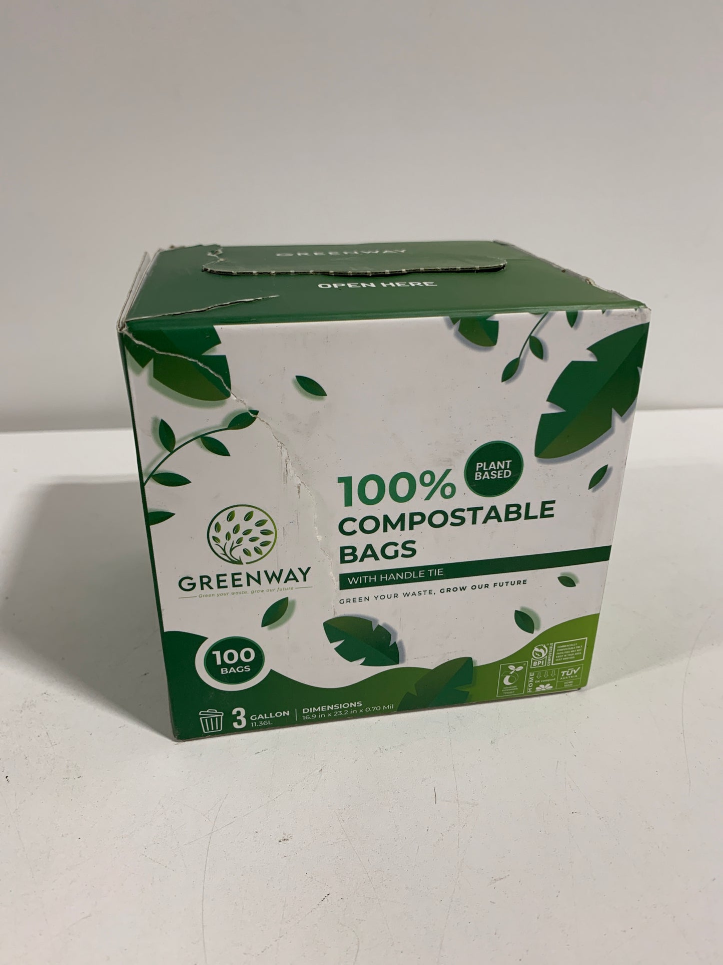 GREENWAY 3 Gallon Compostable Bags with Handles, 100 Count, 0.70 Mil, Food scrap bags, US BPI & Europe OK Compost Home Certified