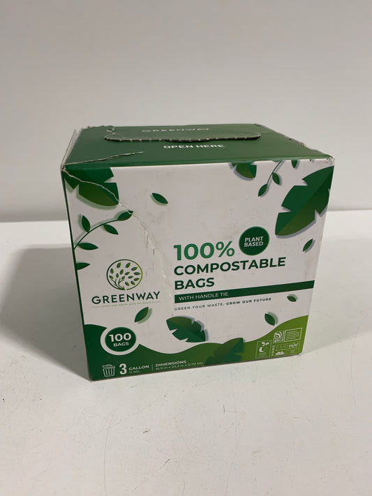 GREENWAY 3 Gallon Compostable Bags with Handles, 100 Count, 0.70 Mil, Food scrap bags, US BPI & Europe OK Compost Home Certified