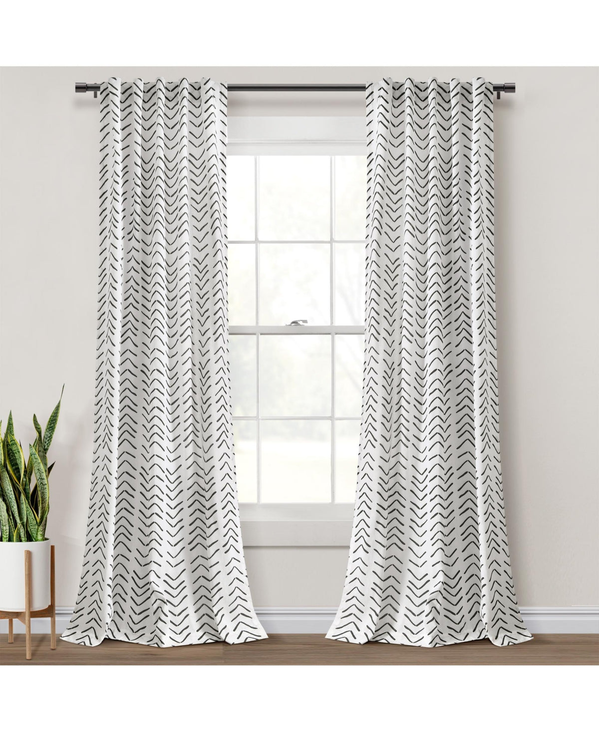 Hygge Modern Arrow 40 in. W X 84 in. L Linen Look Light Filtering Window Curtain Panels in Black/White 2 Set