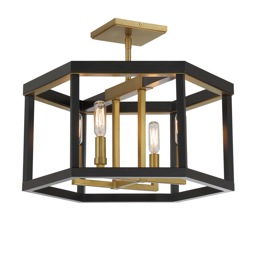 Minka Lavery 2114-726 Union Estates Semi-Flush, 4-Light, 240 Total Watts, 18-in H x 14.13-in W, Coal Black and Soft Brass
