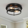 HUOKU Lumin 11.8 in. 2-Light Matte Black Drum Flush Mount with Seeded Glass Shade Farmhouse Ceiling Light