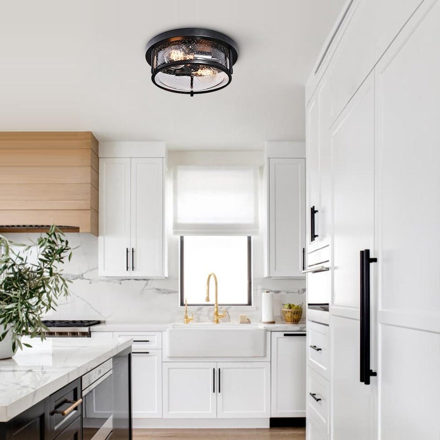 HUOKU Lumin 11.8 in. 2-Light Matte Black Drum Flush Mount with Seeded Glass Shade Farmhouse Ceiling Light