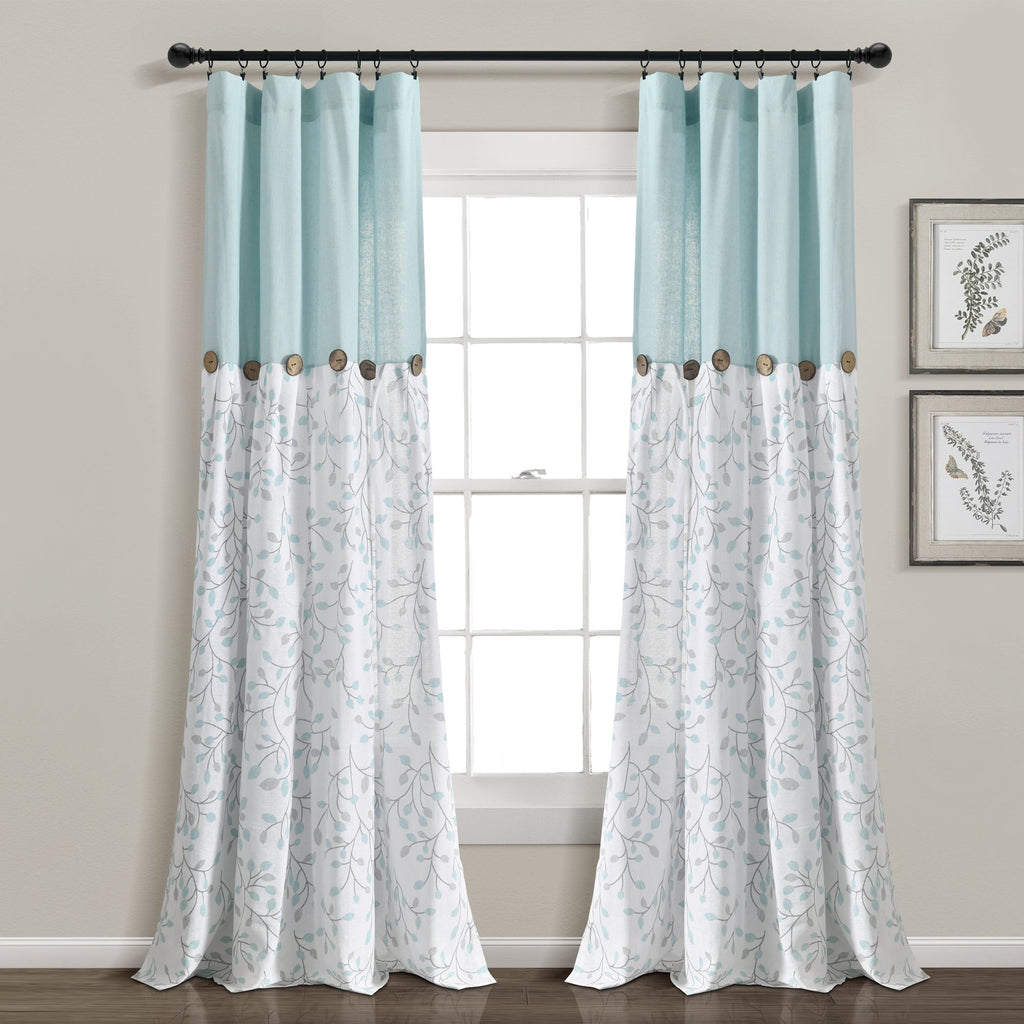 Pair Linen Button 40 in. W X 84 in. L Botanical Garden Light Filtering Window Curtain Panels Blue/Gray