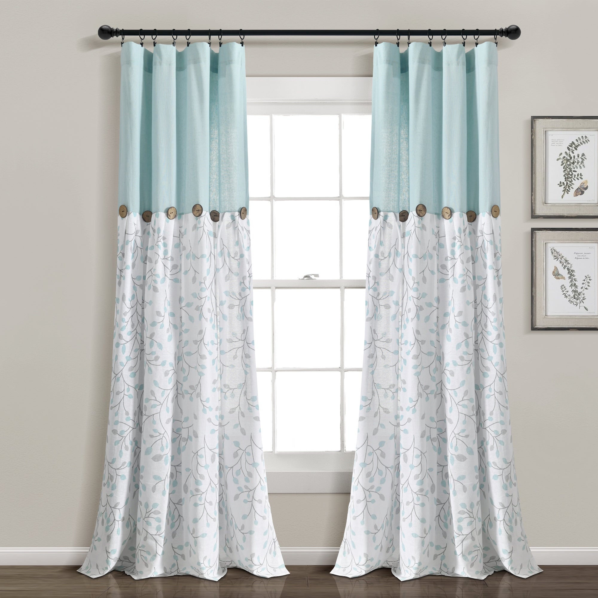 Pair Linen Button 40 in. W X 84 in. L Botanical Garden Light Filtering Window Curtain Panels Blue/Gray
