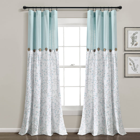 Pair Linen Button 40 in. W X 84 in. L Botanical Garden Light Filtering Window Curtain Panels Blue/Gray