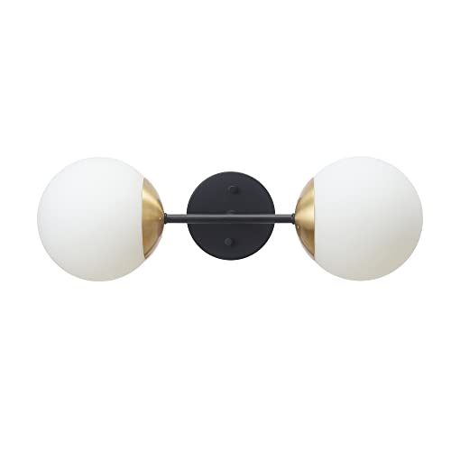 Globe Electric 52079 Celestia 2-Light Wall Sconce, Matte Black, Antique Brass Accent Socket, Matte Opal Glass Shades