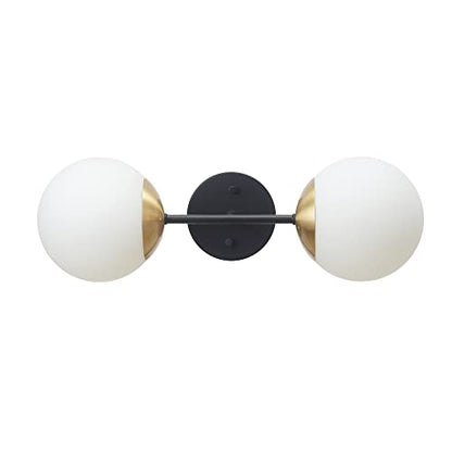 Globe Electric 52079 Celestia 2-Light Wall Sconce, Matte Black, Antique Brass Accent Socket, Matte Opal Glass Shades