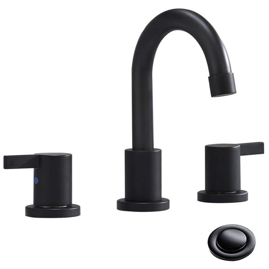Phiestina 3-Hole Low-Arch 2-Handle Wide Spread Bathroom Faucets with Valve and Metal Pop-up Drain Assembly