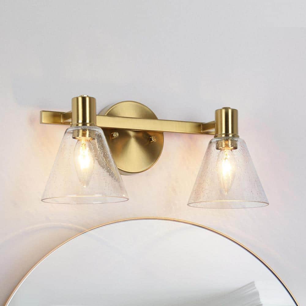 Uolfin Transitional Brass Bathroom Vanity Light, 15 in. 2-Light Modern Wall Sconce with Seeded Glass Shades for Powder Room