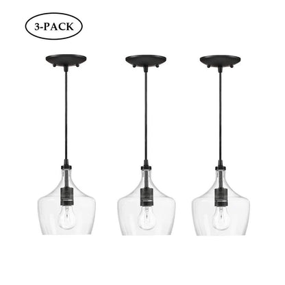 3-Pack 1-Light Kitchen Island Teardrop Clear Glass Pendant with Black Finish