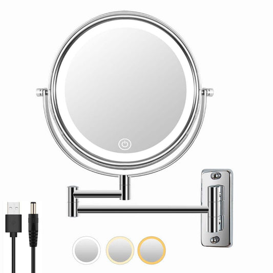 Tileon 8 in. W X 8 in. H Small Round 10X Magnifying Wall Bathroom Makeup Mirror with Built-in Battery and Type-C Port in Chrome