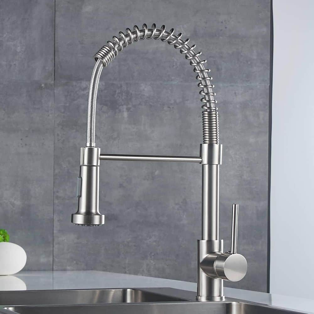 FLG Single-Handle Commercial Pull Down Kitchen Sink Faucet With Sprayer One Hole Kitchen Faucets Spring Taps Brushed Nickel