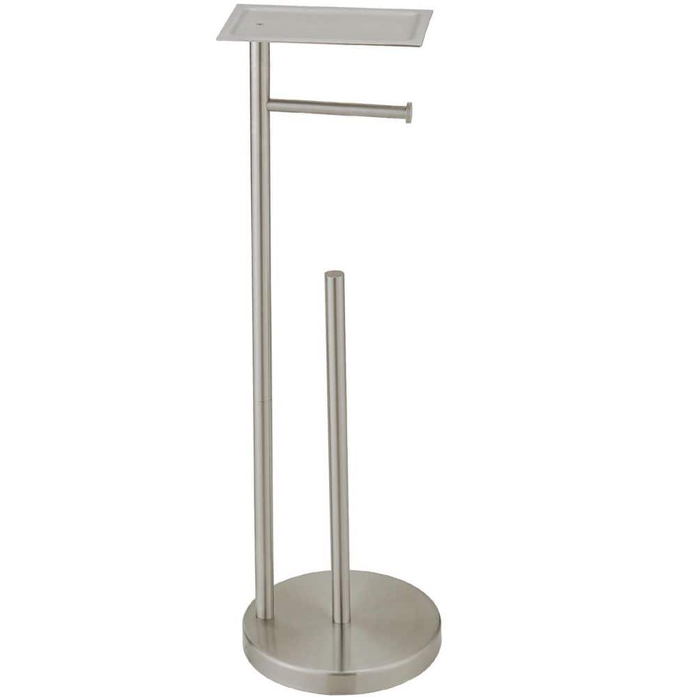 BWE Round Free Standing Toilet Paper Holder with Top Storage Shelf in Brushed Nickel