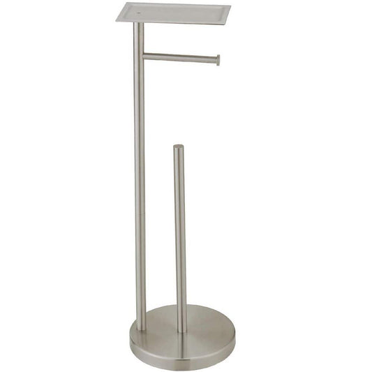 BWE Round Free Standing Toilet Paper Holder with Top Storage Shelf in Brushed Nickel