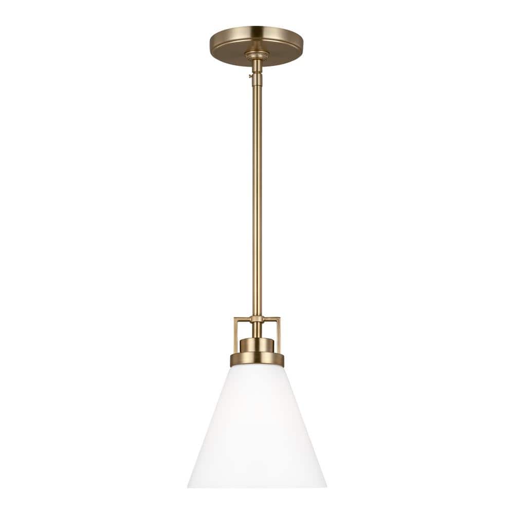 Clermont 1-Light Satin Brass Shaded Pendant Light with Milk Glass Shade