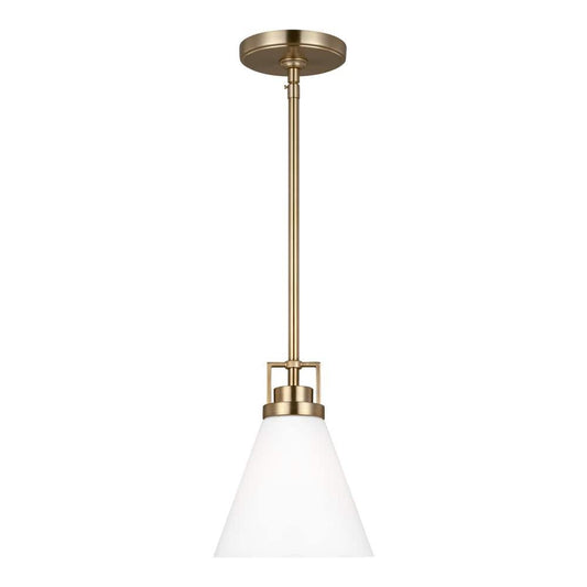 Clermont 1-Light Satin Brass Shaded Pendant Light with Milk Glass Shade