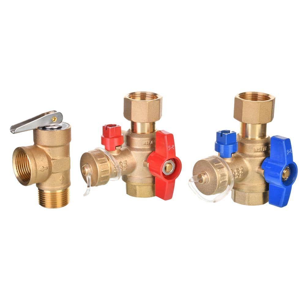 Tankless Water Heater Brass Isolation Valve Kit with Pressure Relief Valve - Universal Fitment, Compact Design, 3/4 in.