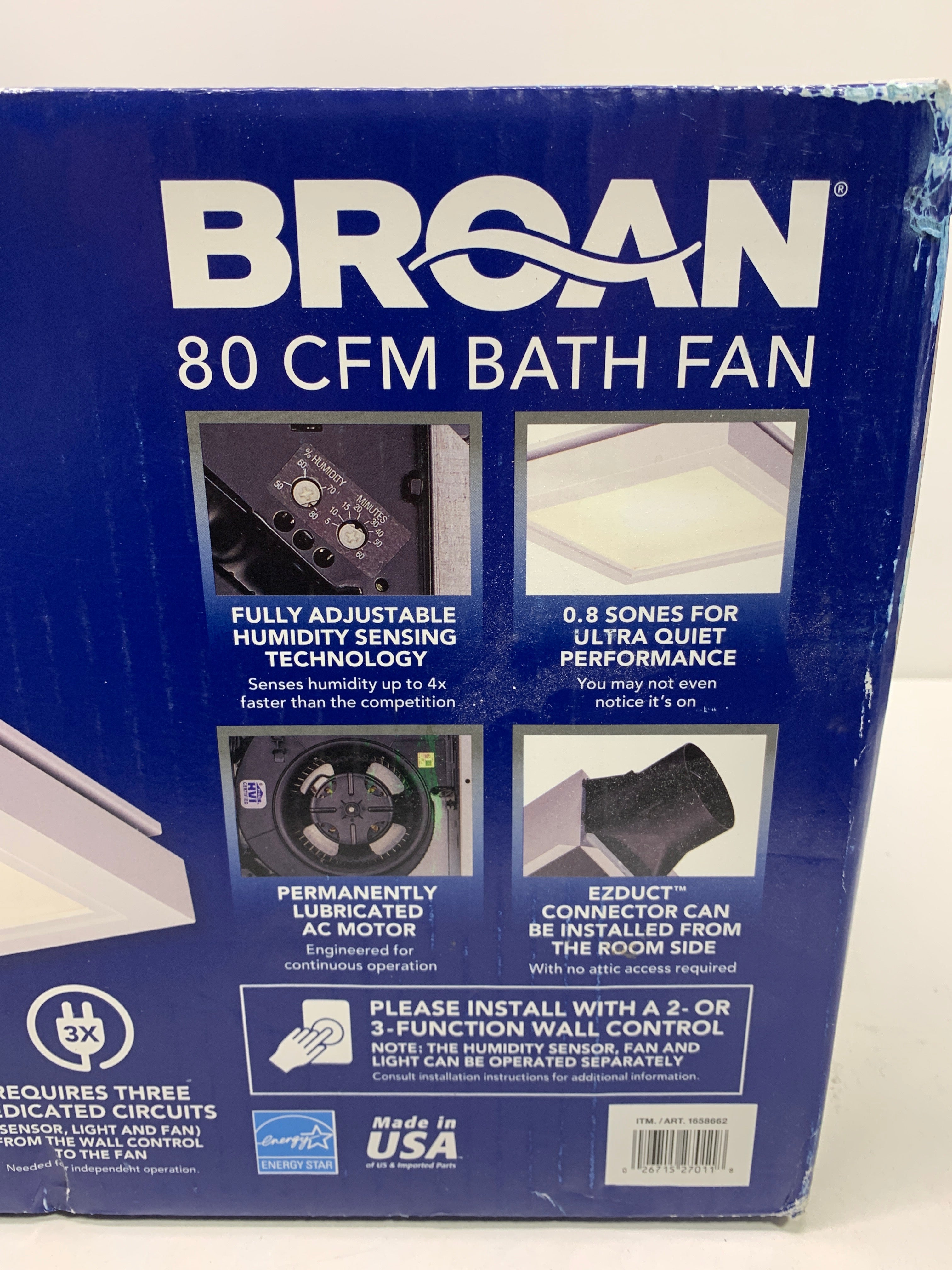 BROAN 80 CFM Bath Fan CST80SLW 0.8 Sones W/Dimmable LED Light