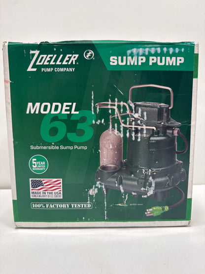 Zoeller M63 - Automatic Submersible Sump Pump - 3/10HP - Cast Iron - LED Power Plug - High Flow - Vortex Impeller Stainless Steel Hardware - Factory Tested and Float Operated - 115V