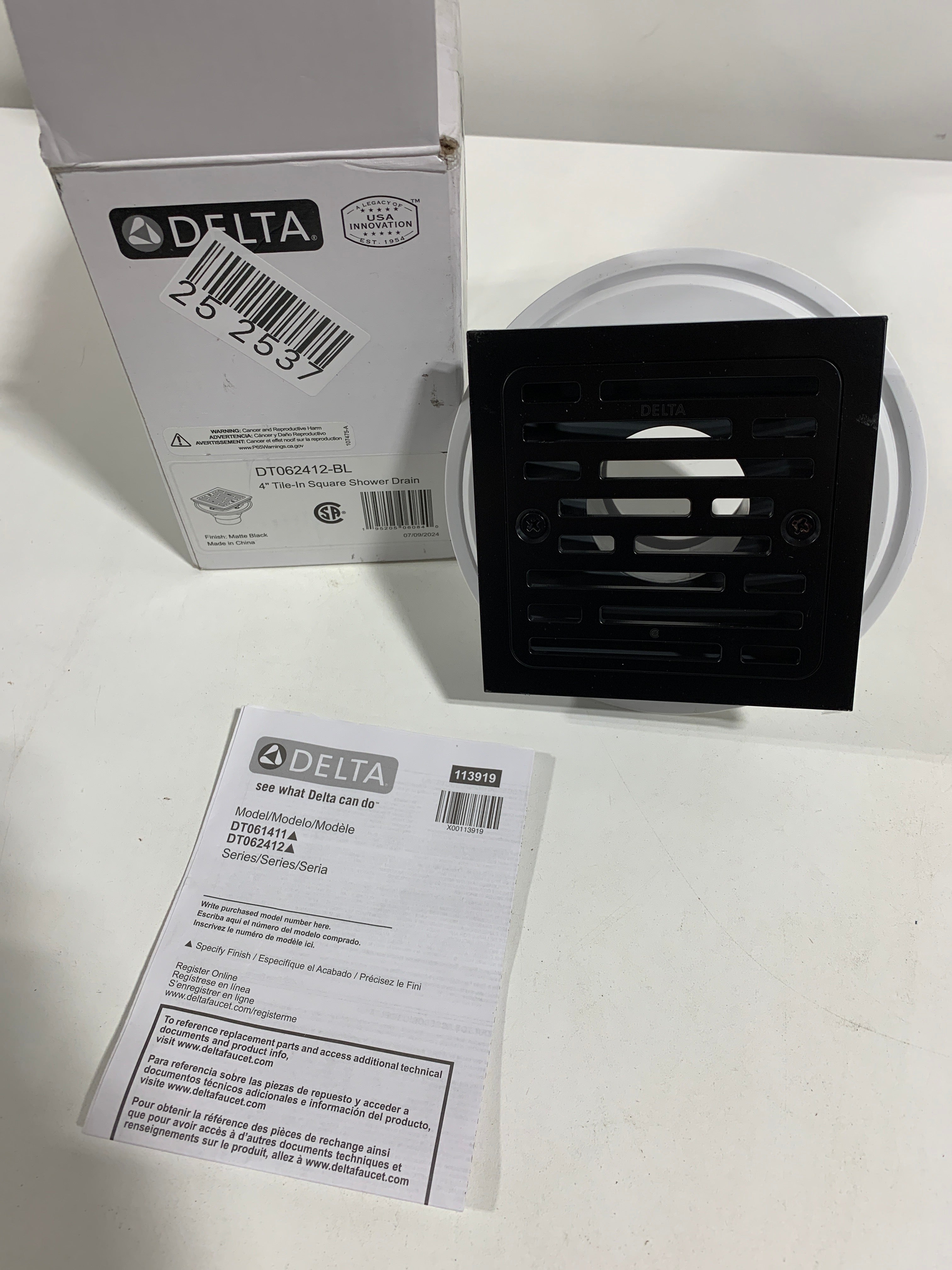 Delta DT062412 4’’ Tile-in Square Shower Drain Matte Black Showers Shower Drains Standard Drains - *Plumbing