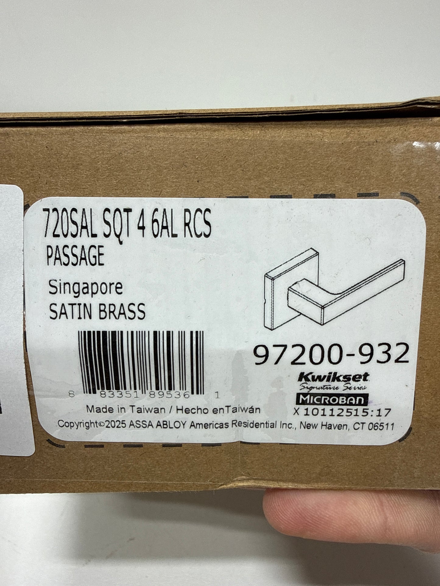 Kwikset 720SALSQT Singapore Passage Door Lever Set with Square Rose Satin Brass
