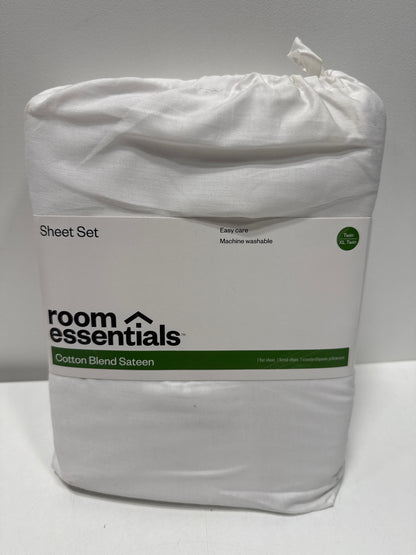 Twin/Twin XL Easy Care Cotton Blend Sateen Sheet Set White - Room Essentials™: 225 Thread Count OEKO-TEX Certified