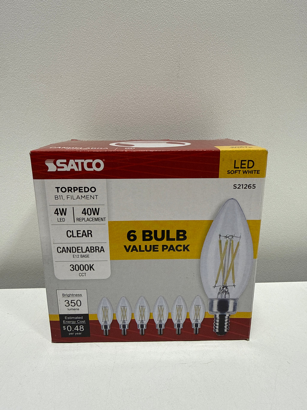 6 x Satco 4 Watt B11 LED Filament Candle Light Bulbs - Clear - E12 Candelabra Base - 90 CRI - 3000K Soft White - 350 Lumens - 120 Volts - Dimmable - Wet Location