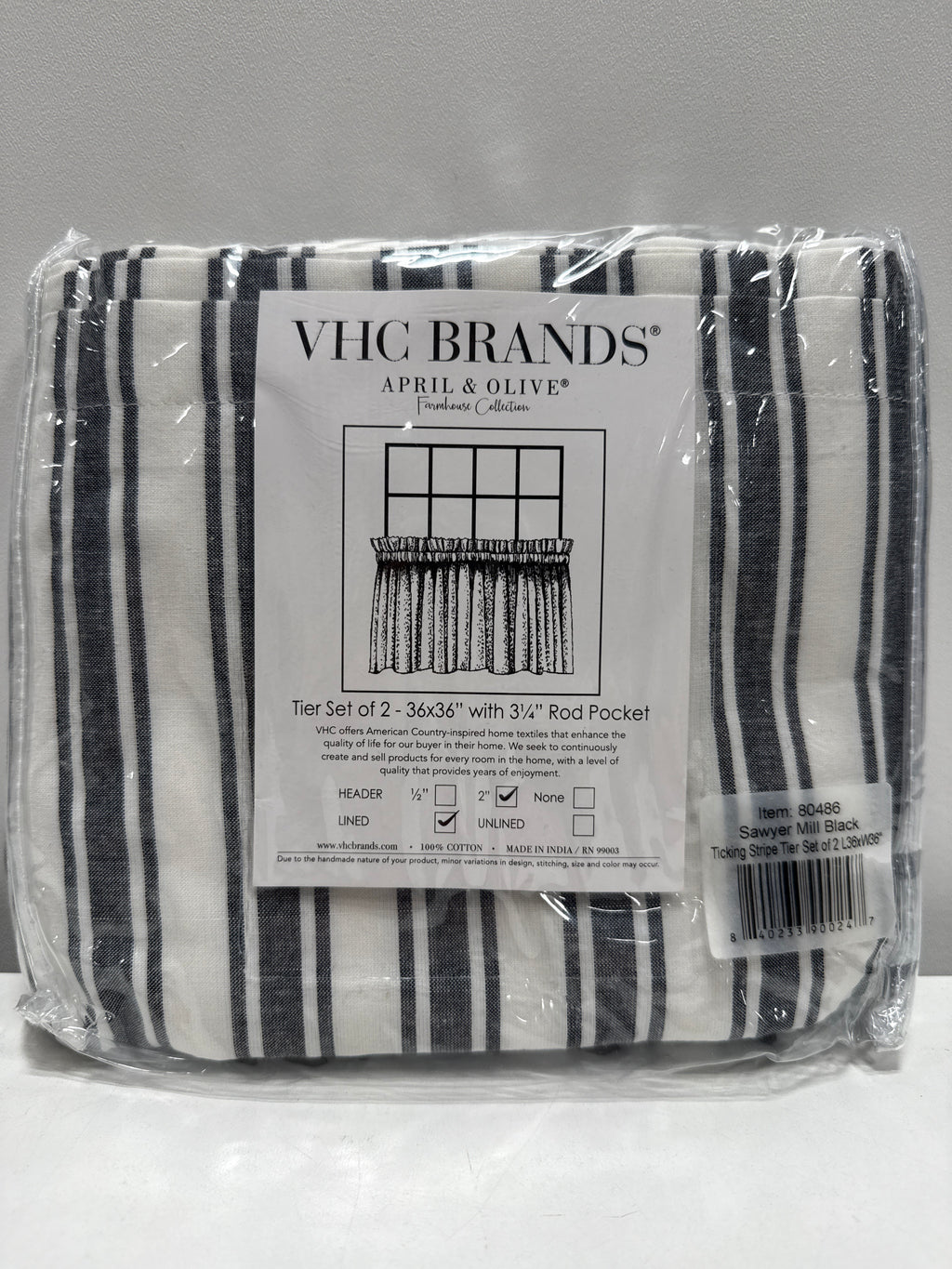 Sawyer Mill Ticking Stripe 36 in. L X 36 in. W Cotton Valance in Country Black Soft White