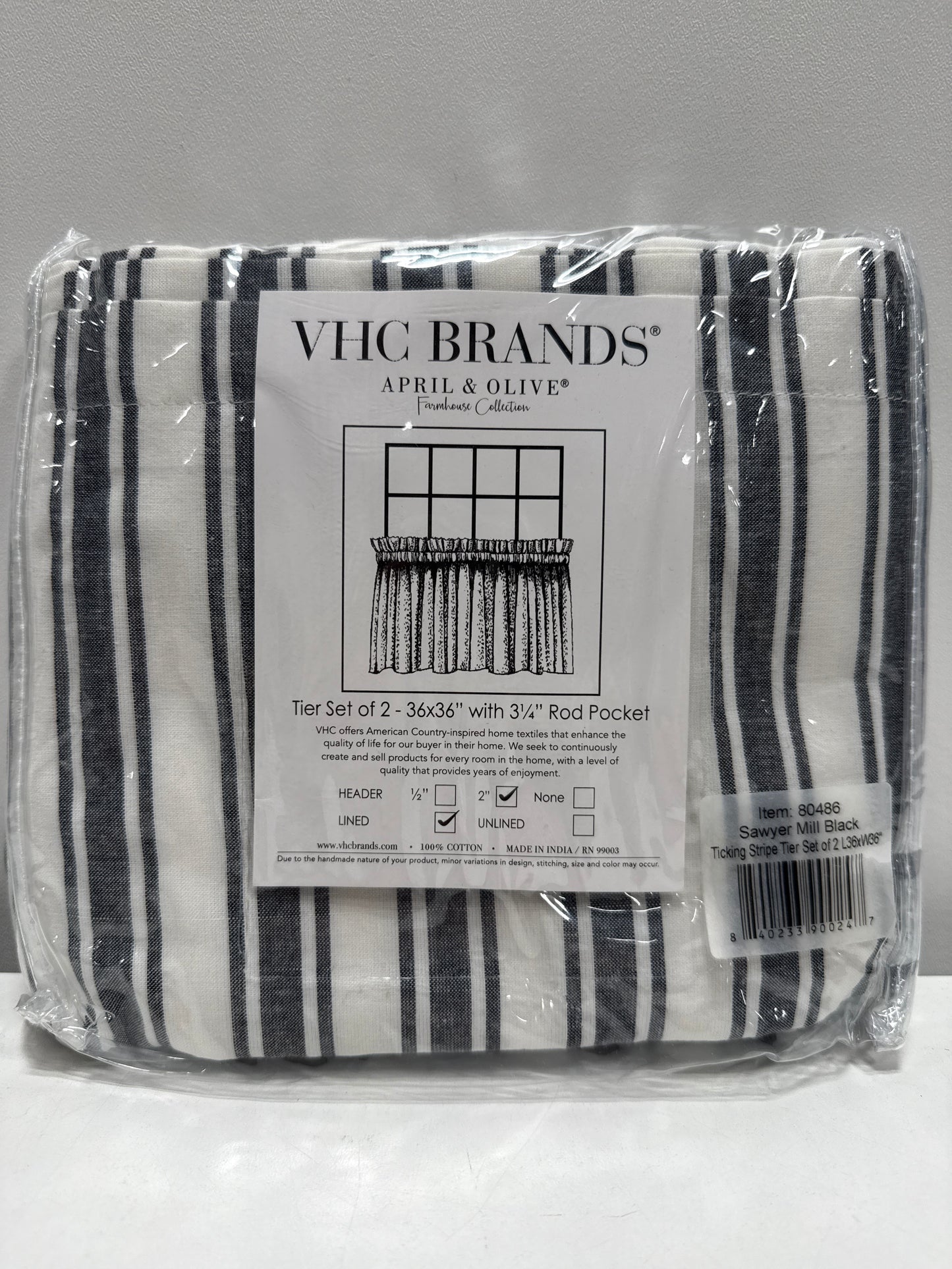 Sawyer Mill Ticking Stripe 36 in. L X 36 in. W Cotton Valance in Country Black Soft White