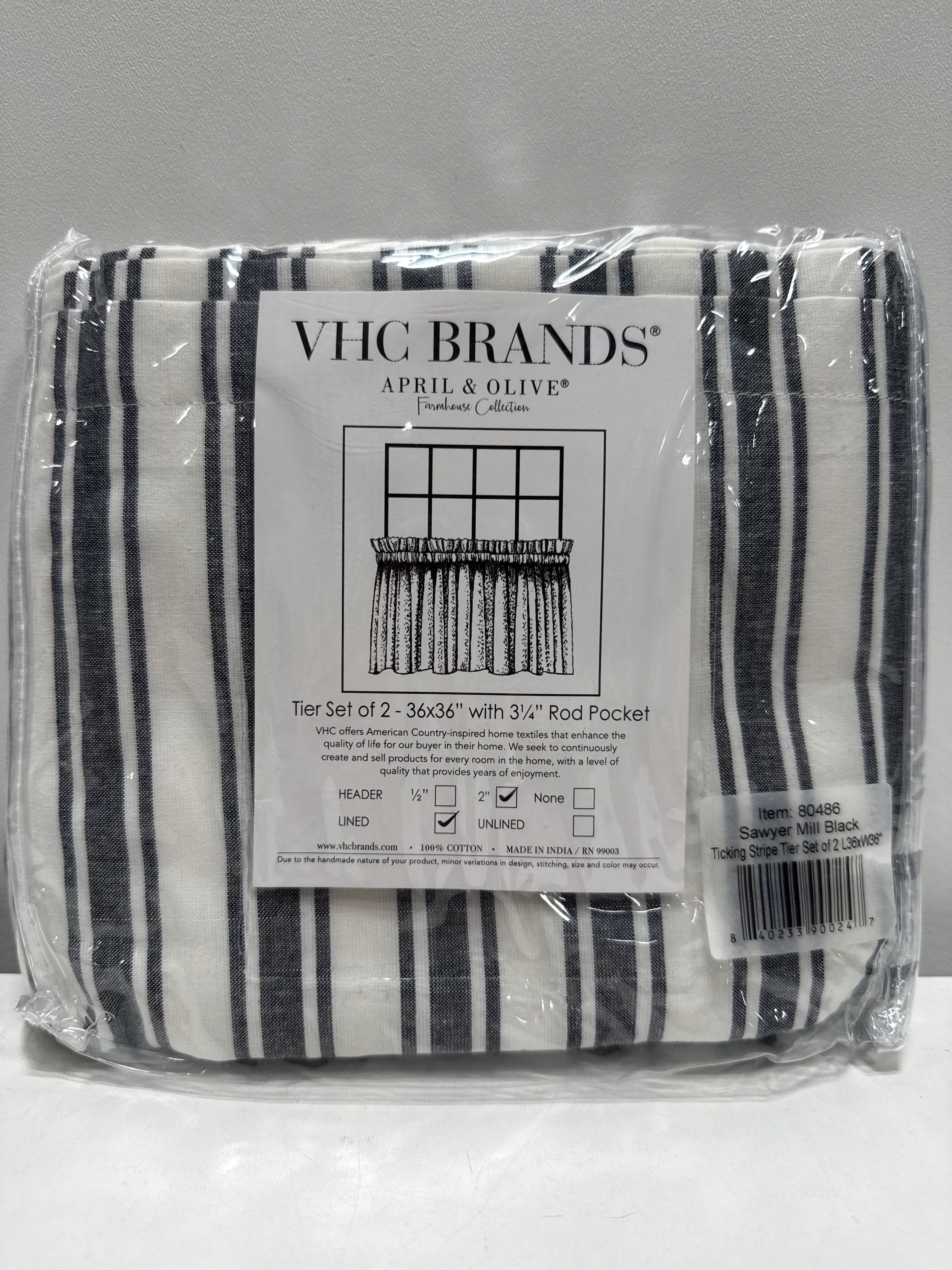 Sawyer Mill Ticking Stripe 36 in. L X 36 in. W Cotton Valance in Country Black Soft White