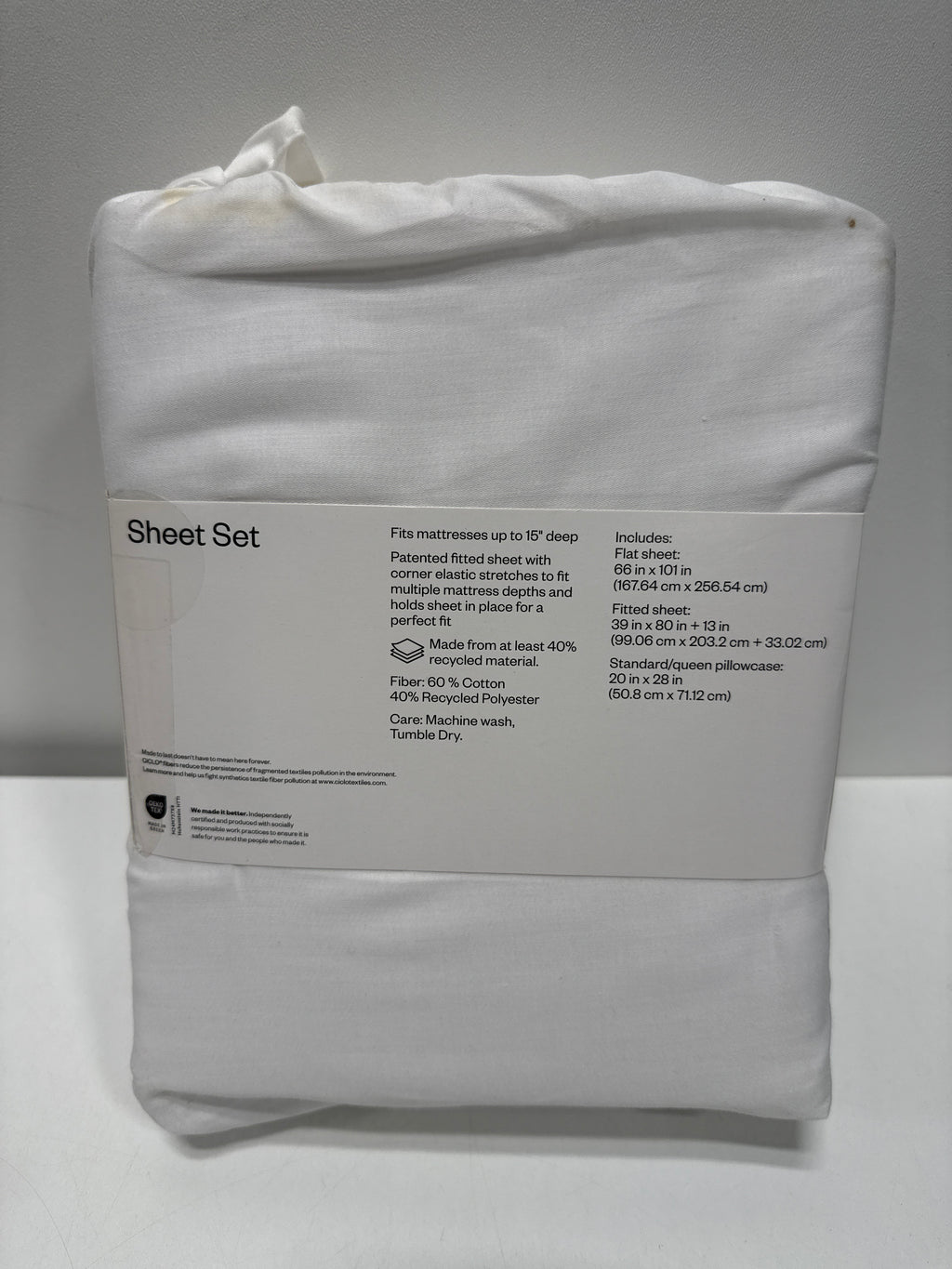 Twin/Twin XL Easy Care Cotton Blend Sateen Sheet Set White - Room Essentials™: 225 Thread Count OEKO-TEX Certified