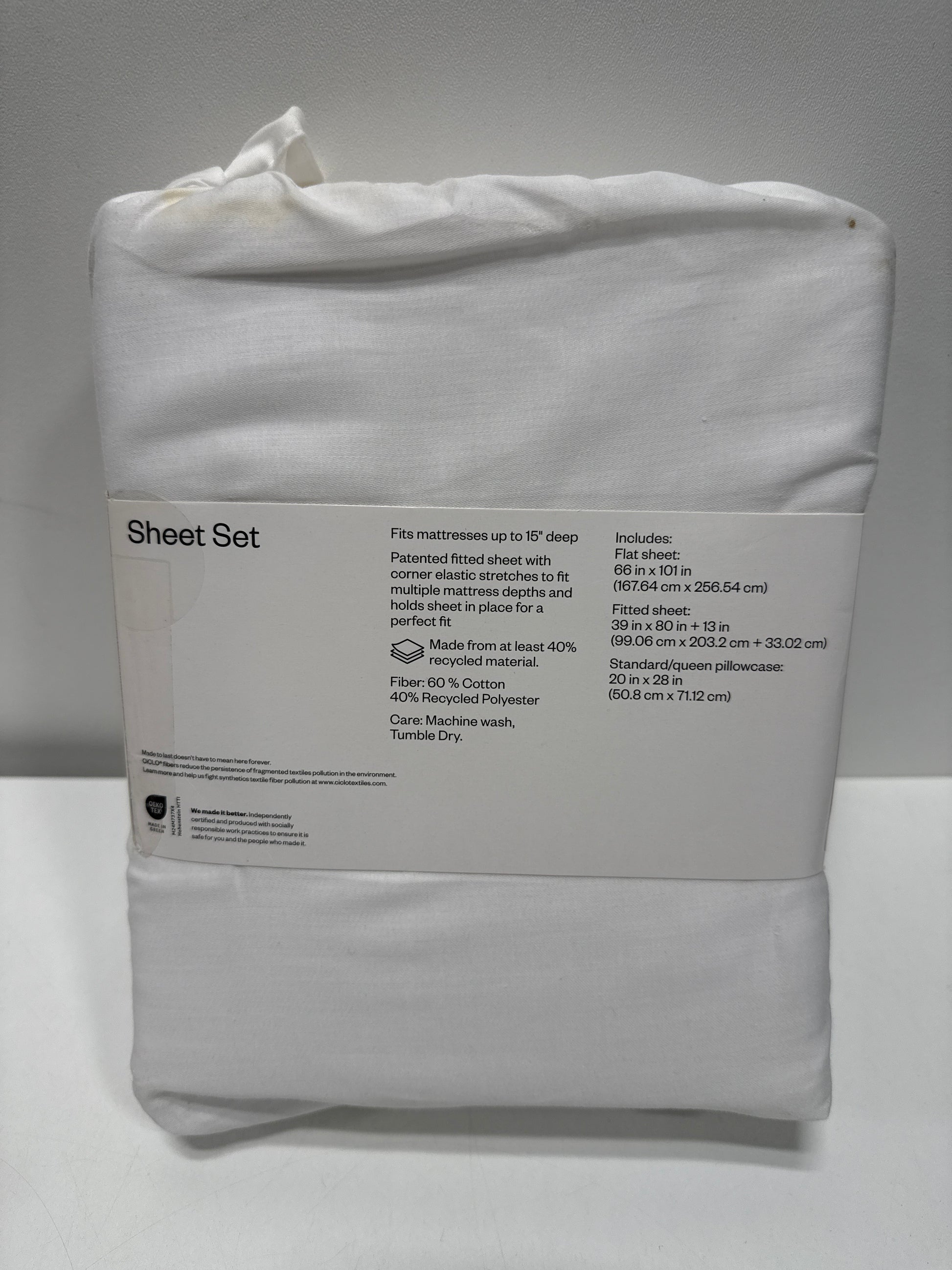 Twin/Twin XL Easy Care Cotton Blend Sateen Sheet Set White - Room Essentials™: 225 Thread Count OEKO-TEX Certified