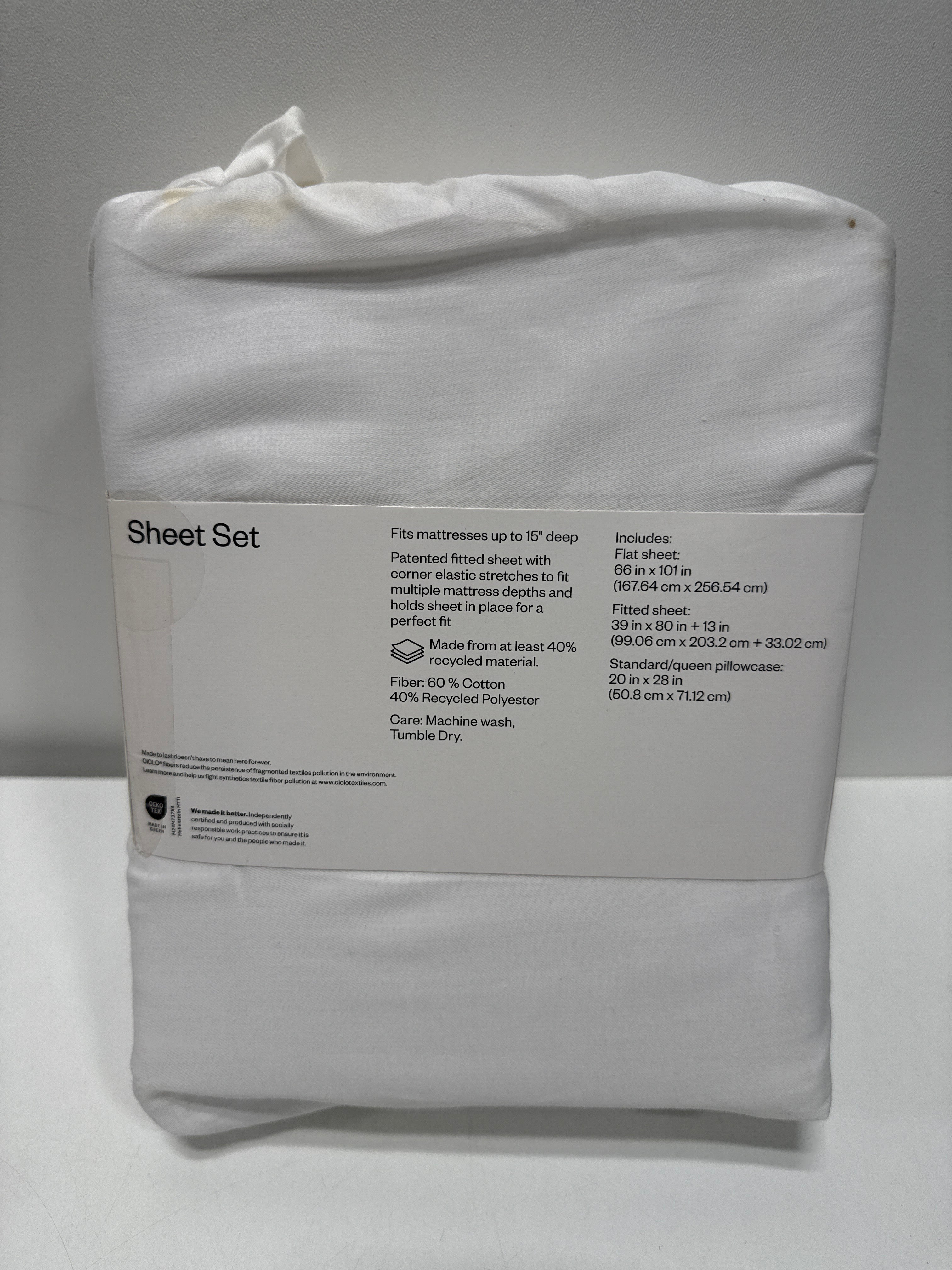 Twin/Twin XL Easy Care Cotton Blend Sateen Sheet Set White - Room Essentials™: 225 Thread Count OEKO-TEX Certified