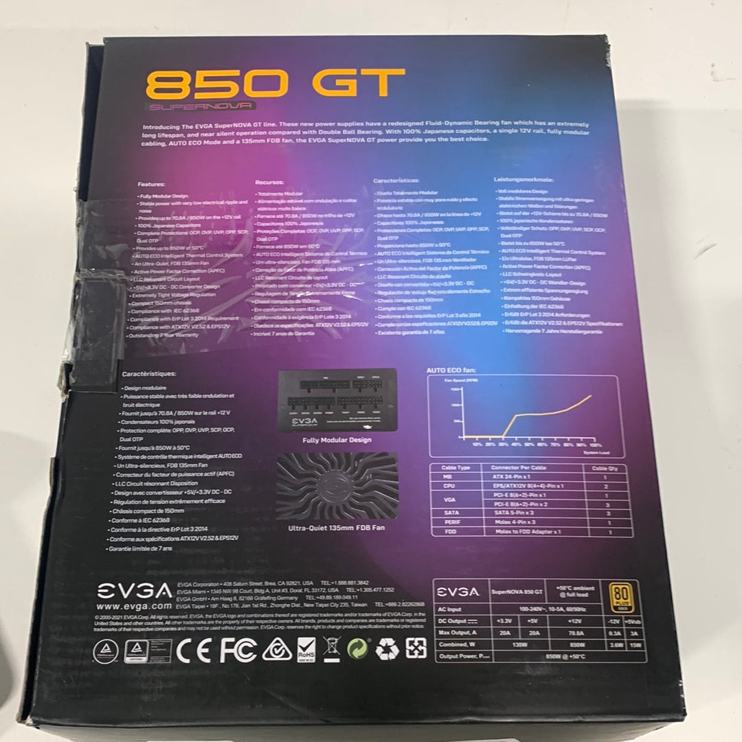 EVGA - GT Series 850W Auto Eco Mode with FDB Fan 80 Plus Power Supply