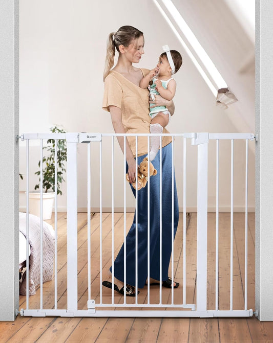 COMOMY 36" Extra Tall Baby Gate for Stairs Doorways, Fits Openings 29.5" to 48.8" Wide, Auto Close Extra Wide Dog Gate for House, Pressure Mounted Easy Walk Through Pet Gate with Door, White