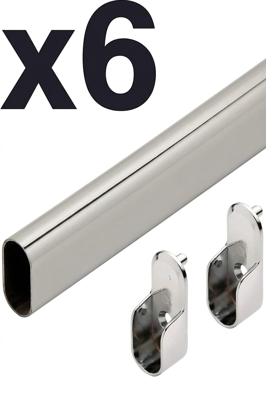 6 x Elef 36" Polished Chrome Closet Rod Oval with End Supports