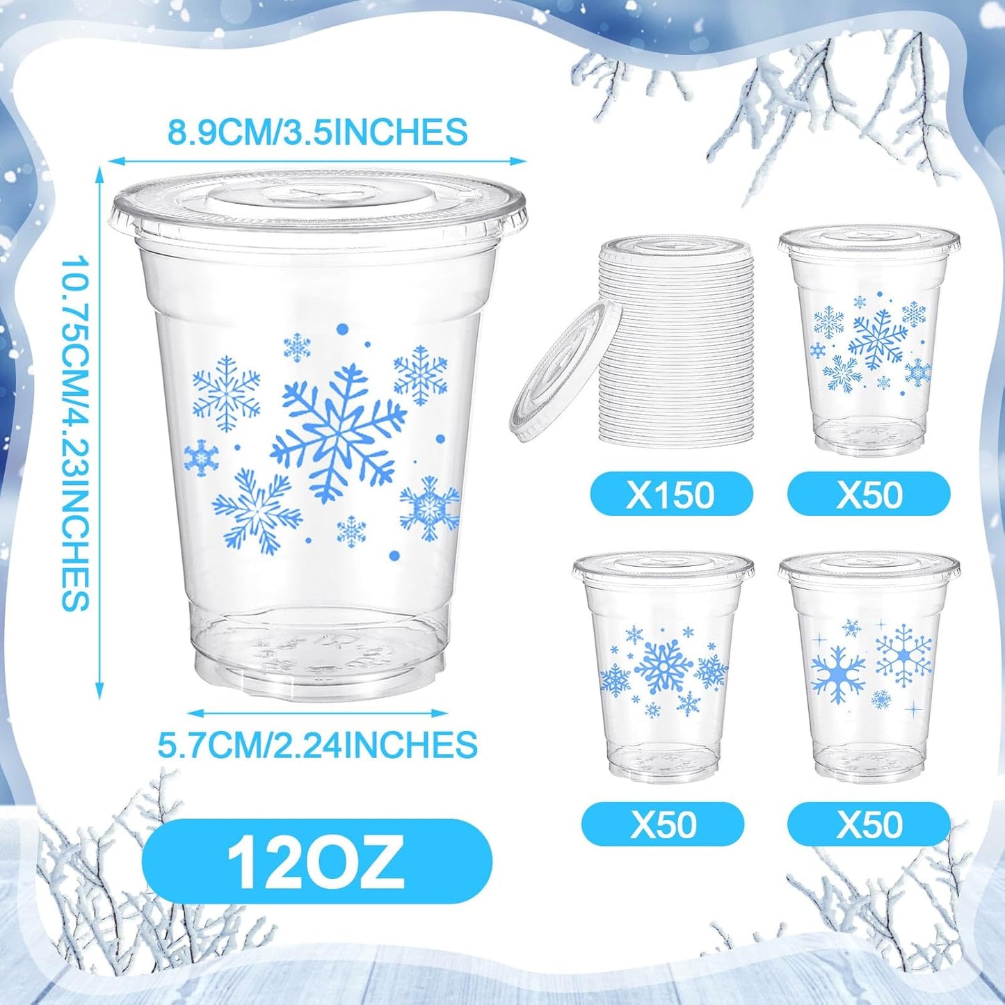 150 Sets Snowflake Plastic Cups with Lids Disposable Christmas Holiday Cup Clear Coffee Cocktail Drinking Cup for Winter Christmas Party Supplies