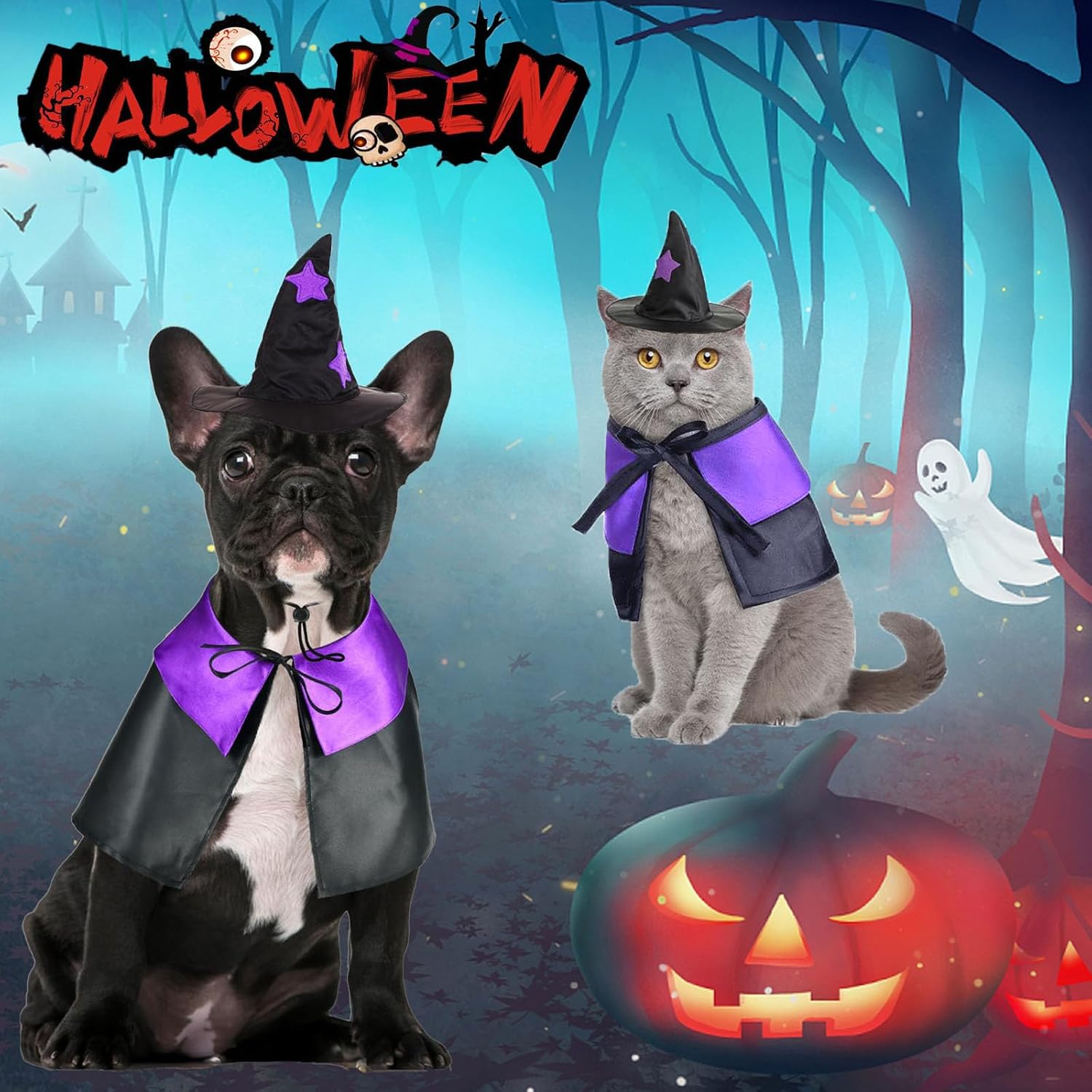 Witch Dog Costume Dog Halloween Costumes Pet Wizard Hat and Cloak Dog Clothes for Small Medium Dogs Cats Puppy Kitten