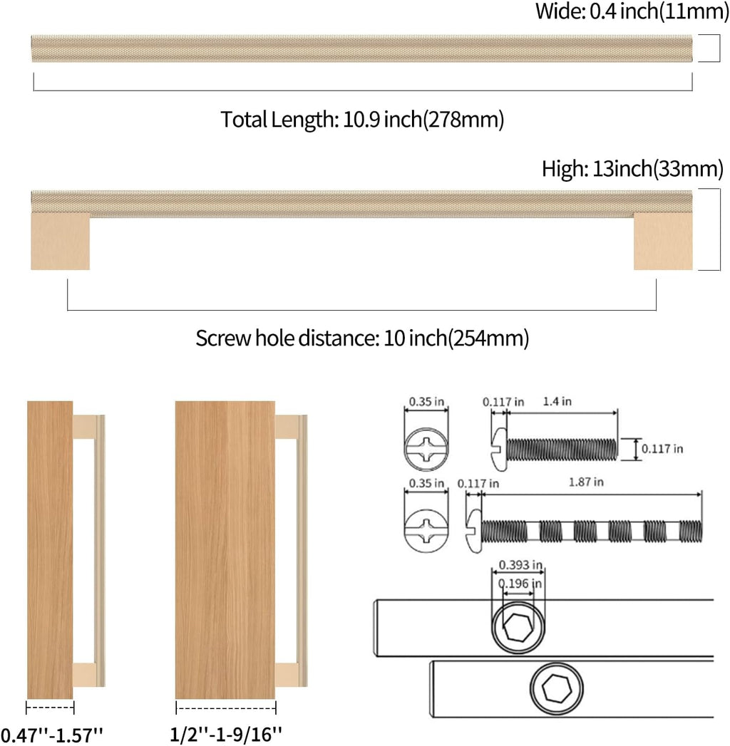 ROMATEE 10 Pack 10 Inch Hole Center(254mm) Gold Knurled Cabinet Pull Kitchen Cabinet - *Tools Hardware & Misc