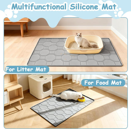 Silicone Cat Litter Box Mat, Large Pet Feeding Mat, Kitty Litter Trapping Matt for Cat, Dog Food and Water Bowl Mats with High Lips, Waterproof Dish Mat for Sloppy Drinkers Floor Indoor (22"X34")