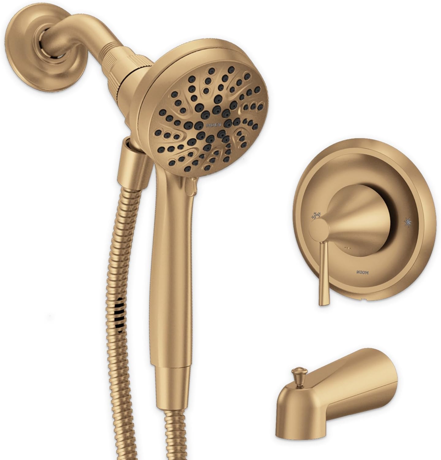 Moen Ronan Bronzed Gold Single-Handle Modern Tub and Shower Faucet with Handheld Rain Shower Spray Head, Shower Handle, Tub Spout, and Valve, 82021BZG