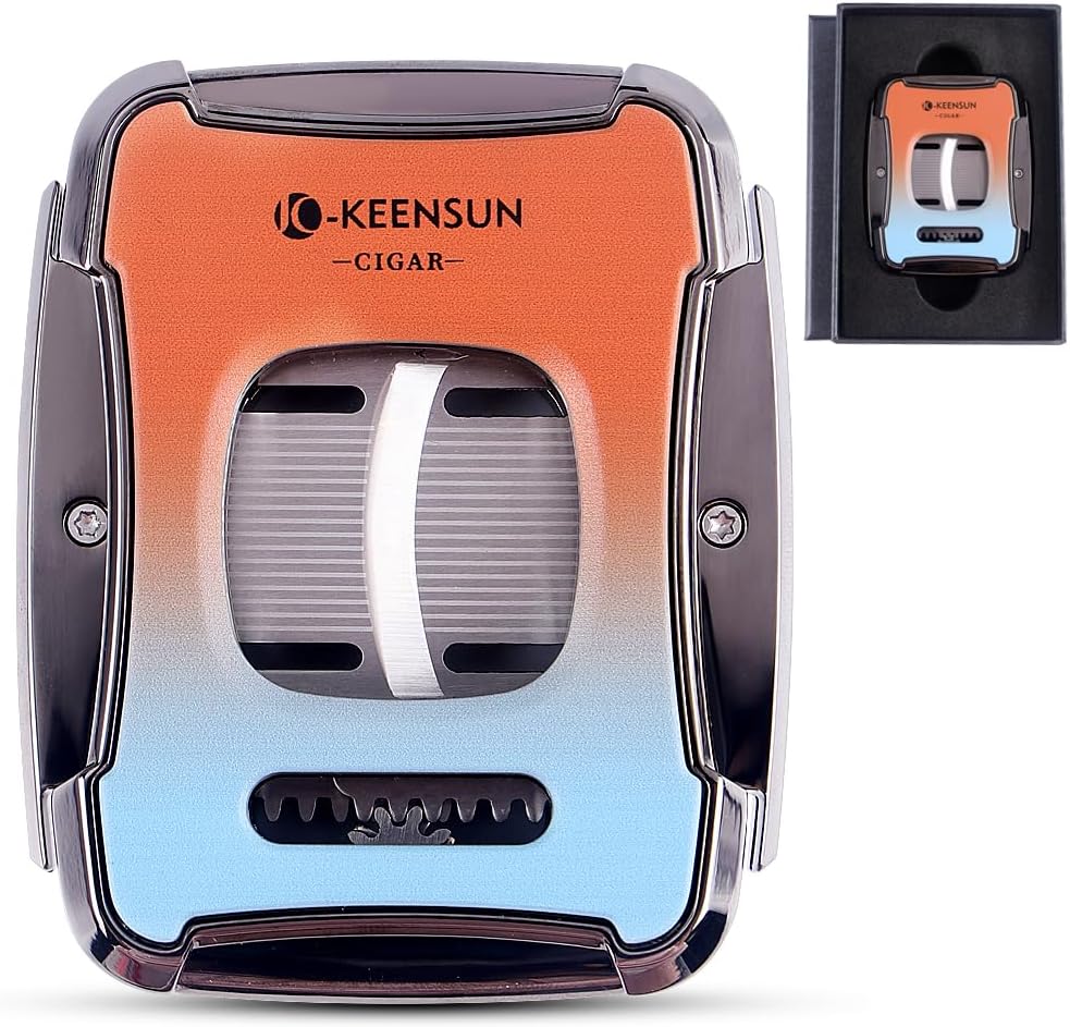 KEENSUN - Zinc Alloy Guillotine Stainless Steel Double Blade Cigar Cutter (Blue and Orange) with One Push Lock System, 60 Ring Gauge, 420J2 Stainless Steel Laser Pattern Cutting Blade with Gift Box
