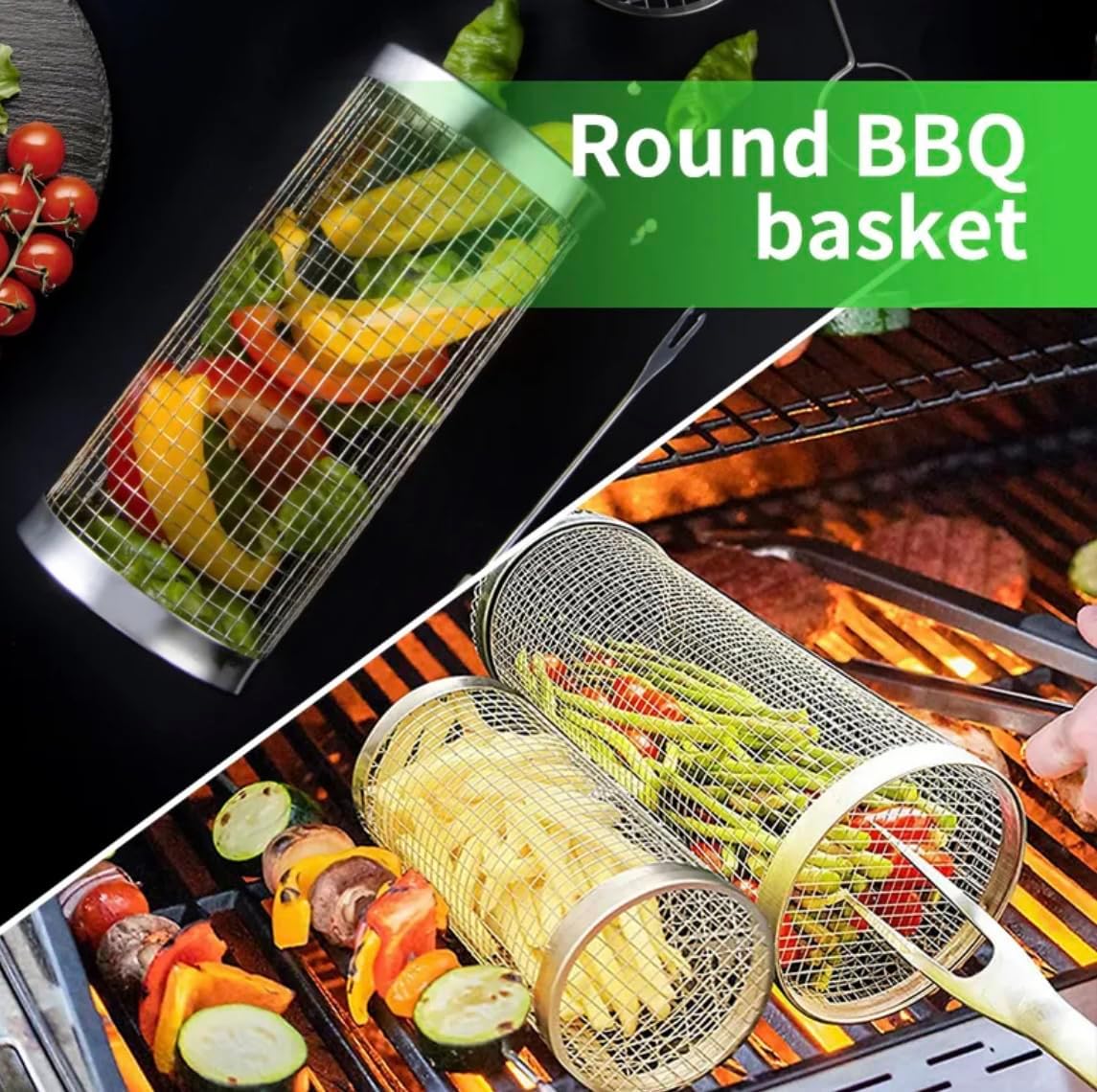 2 Rolling Grill Baskets Large for Camping BBQ or Outdoor Grilling for Vegetables, Fish, Potatoes, Small Food