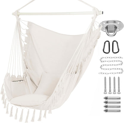 PNAEUT Hammock Chair Hanging Rope Swing with Tassel and Pocket, Max 500 Lbs, 2 Cushions Included, Steel Spreader Bar with Anti-Slip Rings, Hardware Kit and Bag, for Indoor Outdoor (Natural)