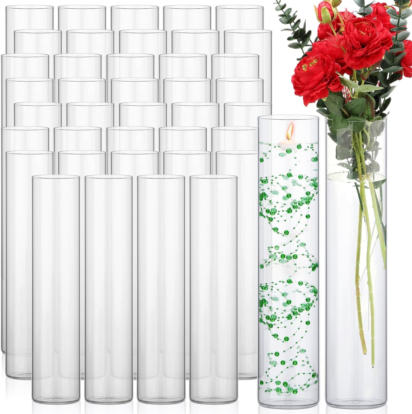 Yaomiao 36 Pcs Glass Cylinder Vases for Centerpieces Bulk Clear Flower Vases Centerpiece Floating Candle Holders Glass Table Vases for Wedding Home Formal Dinners Decorations (16 x 3.35 Inch)