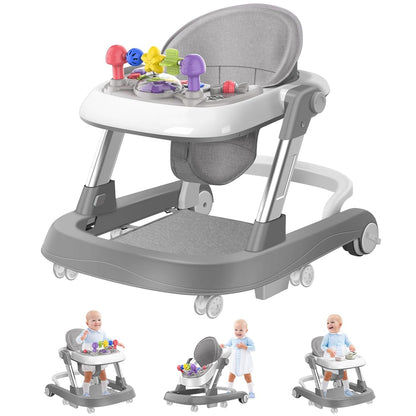 Baby Walker with Wheels, 2-in-1 Activity Walker Learning-Seated, Walk-Behind, Removable Play Tray, Adjustable Height & Speed, Foldable Baby Walke