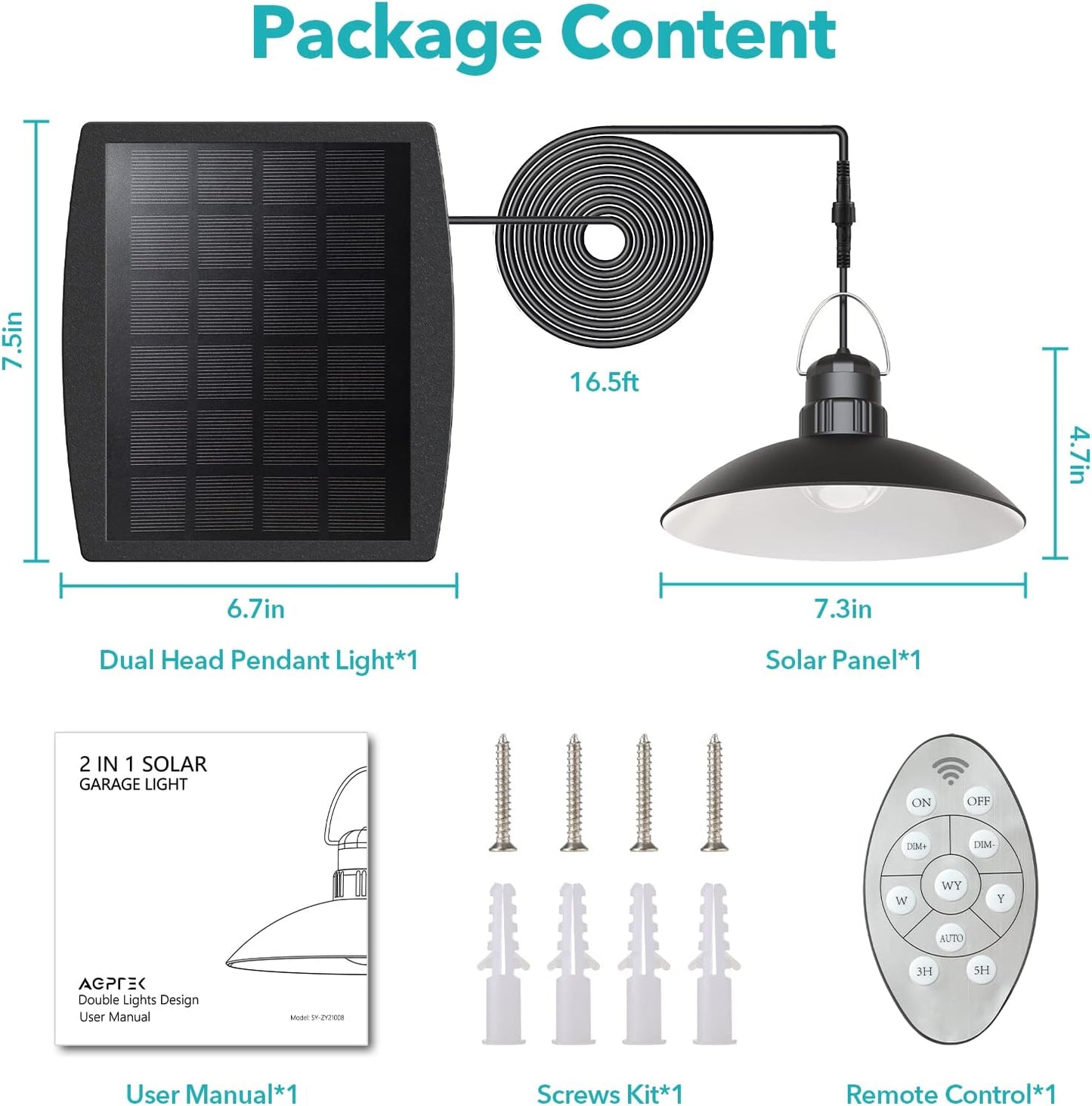AGPTEK Solar Pendant Lights Outdoor Indoor, Dual Head Solar Shed Lights IP65 Waterproof Solar Lamp Indoor Solar Lights with Remote for Shed, Gazebo, Home, Patio, Barn, Chicken Coop, Porch, Garage