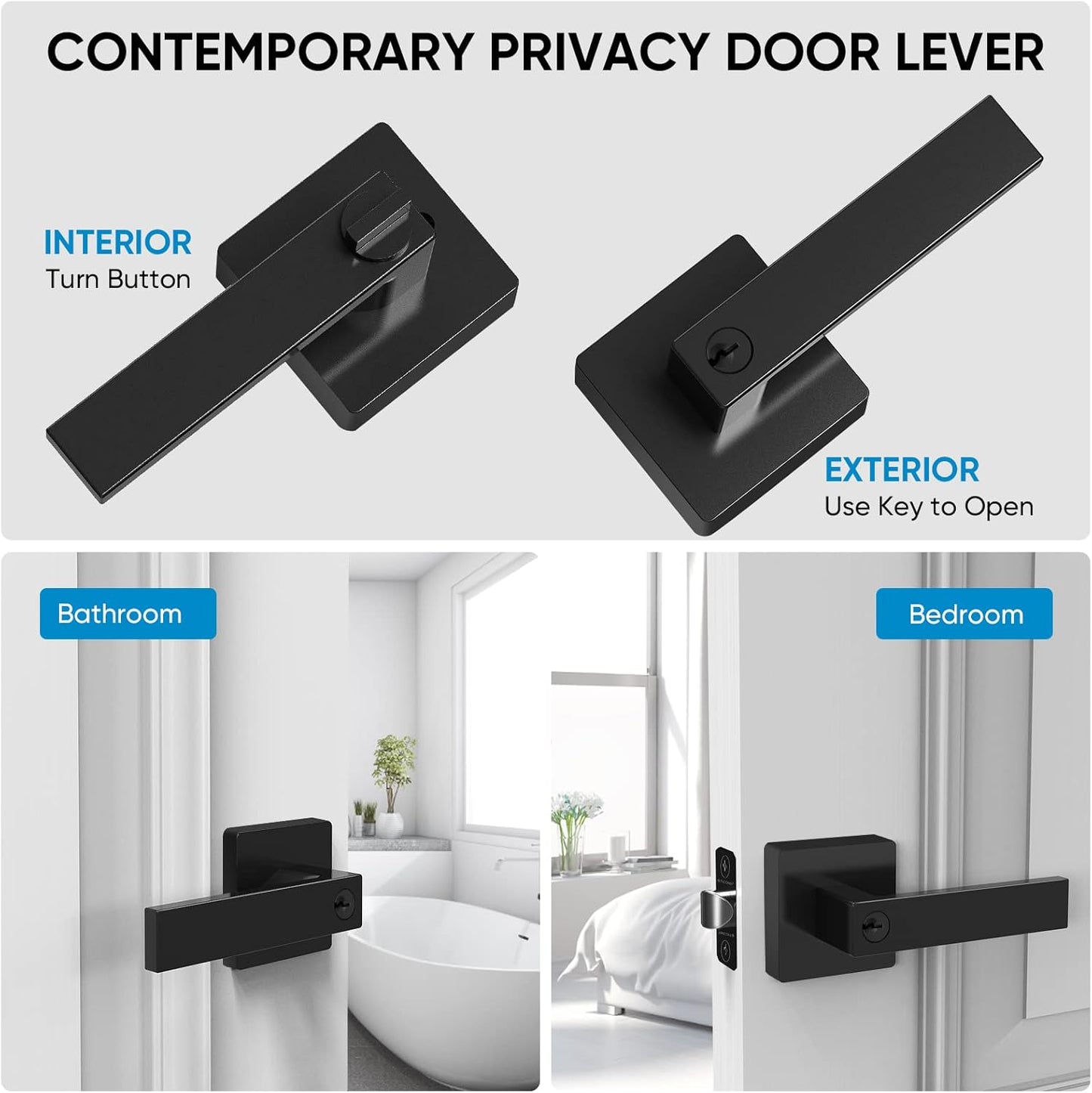 TICONN Black Door Handle Heavy Duty, Matte Black Reversible Square Door Lever for Bedroom, Bathroom and Rooms (Keyed Entry - Keyed Alike, 10 Pack, Black)